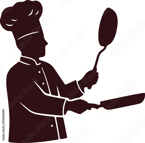 Chef skillfully flipping food with a spatula and holding a knife