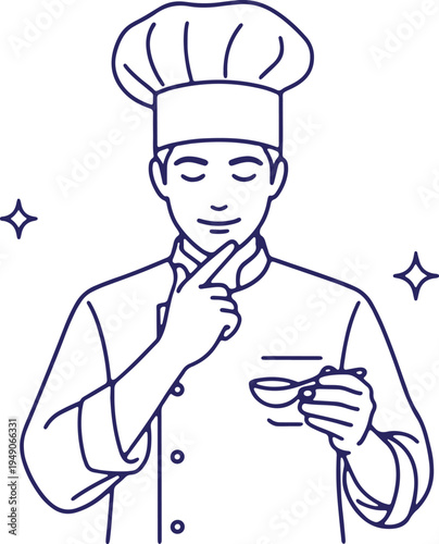 A thoughtful chef tasting a spoonful of delicious creation