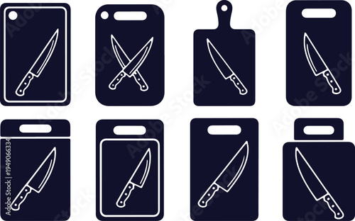 Assorted kitchen knives and cutting boards icon set displayed in dark background