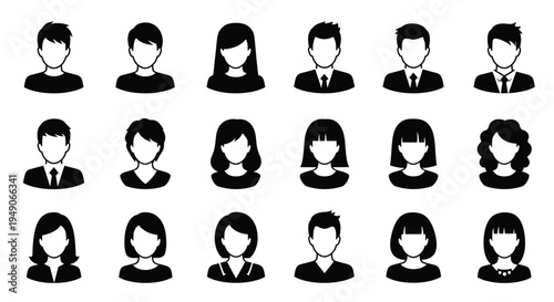 A collection of 16 black and white human icons