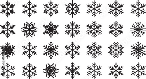 Collection of unique black snowflakes on white background pattern