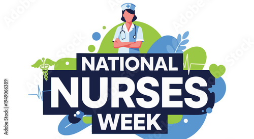 National Nurses Week logo with nurse in blue and green abstract shapes in colorful vibrant lighting for healthcare marketing