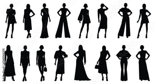 Set of female fashion silhouettes in various poses and outfits