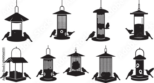 Birds feeding from various hanging bird feeder designs outside
