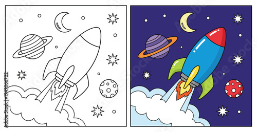 Rocket launching into outer space with planets stars and moon cartoon coloring page