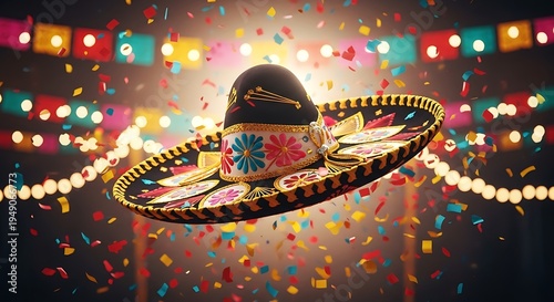 Vibrant sombrero flies through festive party scene with colorful confetti