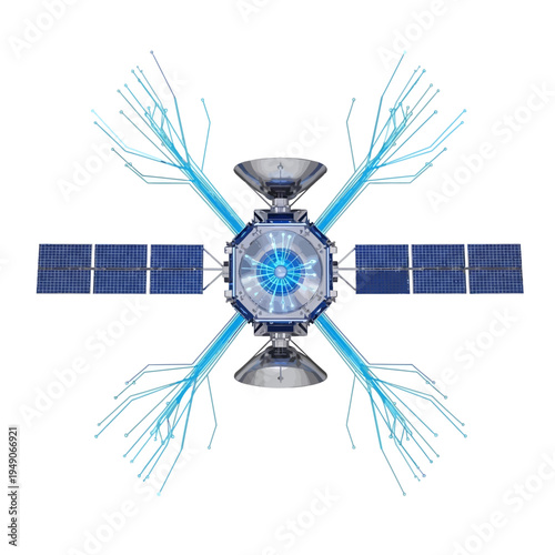 Illustration of a modern satellite in space with solar panels and antennae.