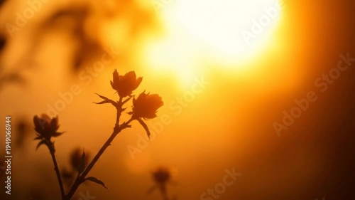 Silhouette of flowers against bright sunlight with warm orange tones