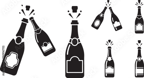 Black and white champagne bottles celebration icons set