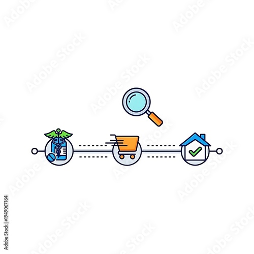 Online pharmacy home delivery process. Vibrant flat line icon showing steps search, order medical products, secure doorstep arrival. Modern healthcare convenience