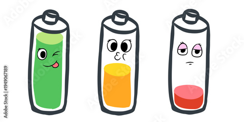Set of cute battery characters with different energy levels and facial expressions, full to low battery status illustration isolated on white background