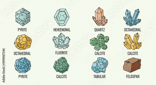 Various mineral crystals and rocks with labels geology education crystal structures