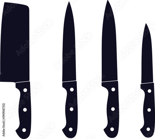 Four types of chef knives displayed in descending size order