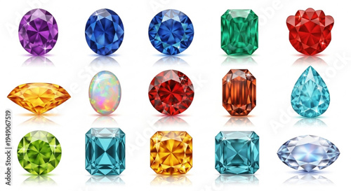Vibrant assorted precious gems and jewels on white background showcasing various cuts and colors