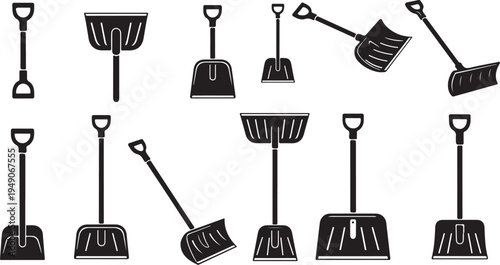 Collection of various shovels and scoops on white background