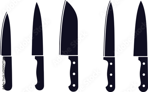 Five distinct types of chef knives displayed in a row for culinary reference.
