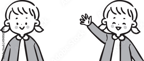 女児　上半身　ベクター（モノクロ）