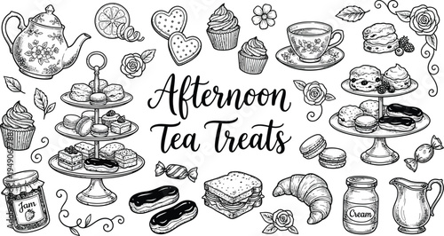 Afternoon Tea Treats Hand Drawn Illustration Set – Vintage Tea Time Vector.