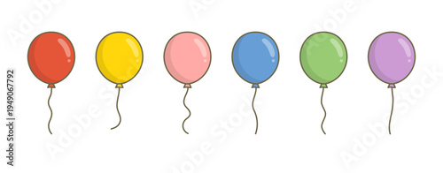 6色の風船が並ぶポップなバルーンイラスト ベクター