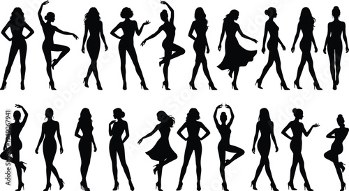 Large set of elegant black vector silhouettes of beautiful female fashion models in various poses walking dancing and standing isolated on white background
