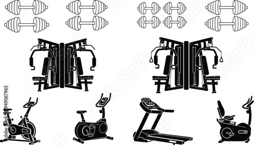 Gym equipment and fitness machines icons set, dumbbells treadmill exercise bike training tools vector illustration collection