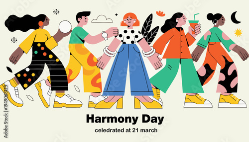 A diverse group of people are depicted walking together in a colorful illustration celebrating harmony and togetherness on harmony day high-quality professional detailed modern elegant