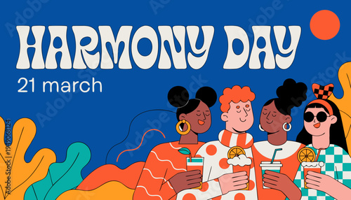 A diverse group of people are depicted walking together in a colorful illustration celebrating harmony and togetherness on harmony day high-quality professional detailed modern elegant