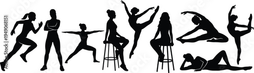 Black silhouette vector set of active women in various poses including running yoga stretching dancing and sitting isolated on a white background design