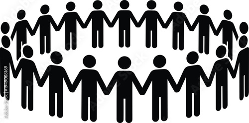 Black silhouette vector illustration of many people holding hands in a large circle representing teamwork community global connection solidarity and strong togetherness concept