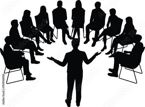 Silhouette group therapy session with facilitator leading people seated in circle discussion, community support meeting, counseling teamwork concept isolated on white background illustration