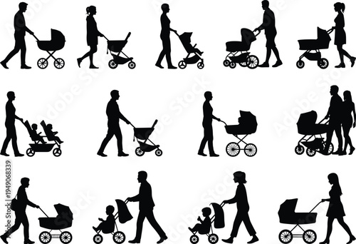 Black silhouettes set of parents with baby strollers and modern prams including mothers and fathers with infants and toddlers in double outdoor buggies