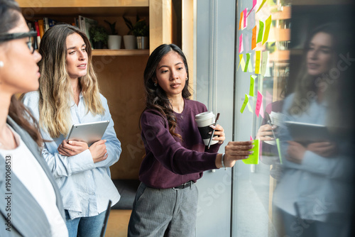 Businesswomen collaborating and planning with sticky notes