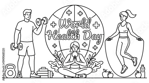 World health day healthy lifestyle people exercising outline illustration