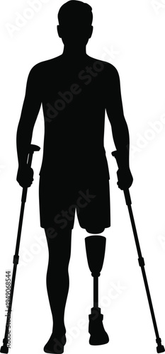 Disabled man with prosthetic leg and crutches silhouette vector, amputee person for healthcare and accessibility concept