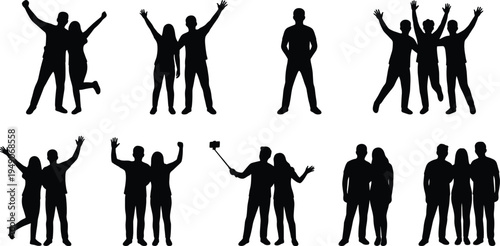 Set of Happy People Silhouettes with Groups and Couples Celebrating Success and Taking Selfies Isolated on White Background for Social Community and Party