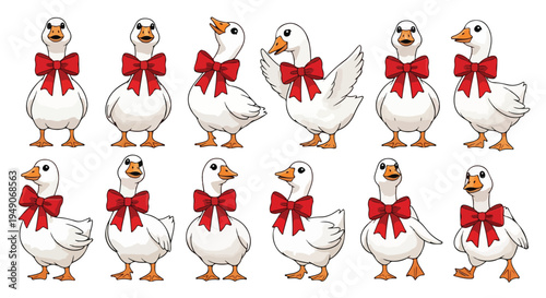 A group of white cartoon geese with red bows on their necks standing in two rows on a plain white background.