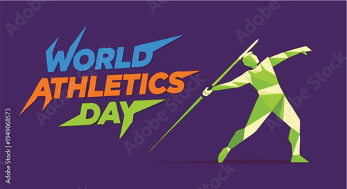 Javelin thrower silhouette in neon green on dark purple background for athletics promotion