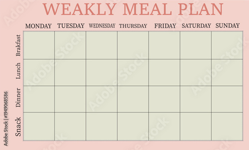 Weekly Meal Plan Grid Template with Pink Background and Sections for Breakfast Lunch Dinner and Snacks