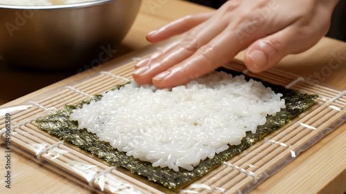 A person's hand presses down on sushi rice atop nori on a bamboo mat, readying it for rolling