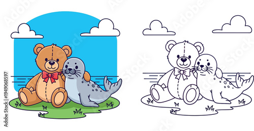 Cute cartoon teddy bear with a red bow tie and a spotted seal friend sitting together by the sea