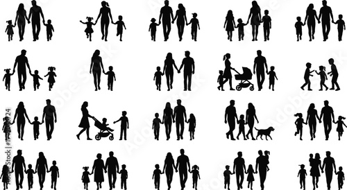 Black silhouettes of diverse families with children parents and pets walking together set of vector icons isolated on white background for design