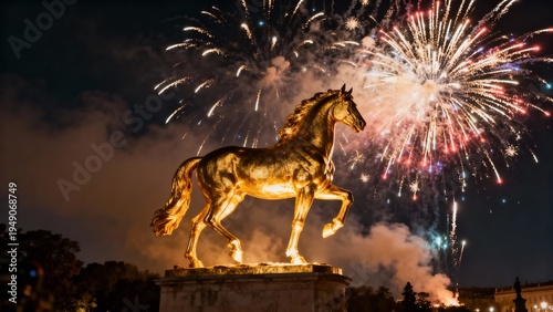 Stunning night festival scene featuring golden horse statue and fireworks for Lunar New Year celebration.