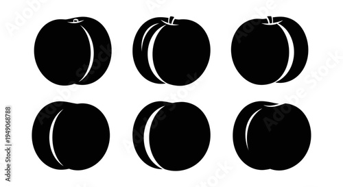 Six Black Silhouette Peaches or Nectarines Isolated on White Background, Top and Side Views