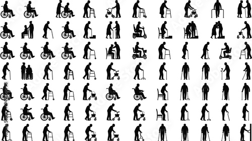 Large Silhouette Set of Elderly and Disabled People Using Mobility Aids Including Wheelchairs Walkers Canes and Mobility Scooters for Medical Healthcare Icon Design