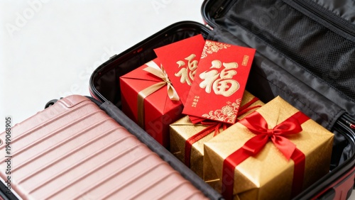 Elegant gift boxes wrapped in red ribbon symbolizing happiness and prosperity during Chinese New Year.