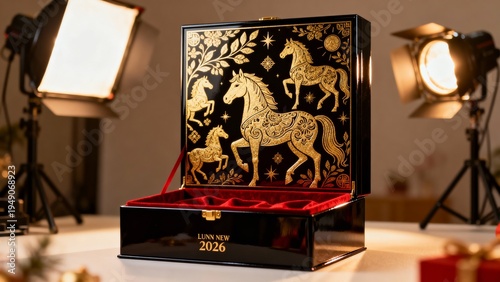 Artistic horse zodiac box design symbolizing strength and prosperity in traditional Lunar New Year culture.