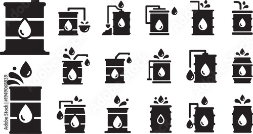 Black and white icons of oil barrels and drops