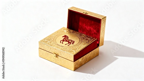 Elegant golden gift box featuring horse zodiac motif, ideal for festive gifting and premium celebration concepts.