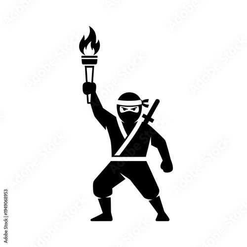 Ninja Warrior Holding Flaming Torch High, Symbol of Strength and Leadership