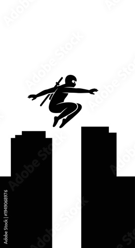 Ninja jumping between buildings silhouette, parkour, action, urban, extreme sports, danger